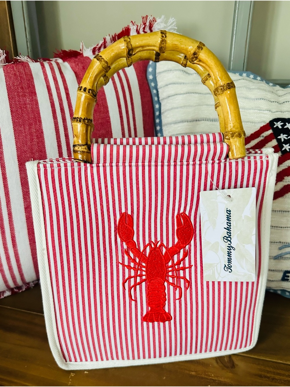 NWT Tommy Bahama Red & White Striped Lobster Bamboo-Handled Tote!!